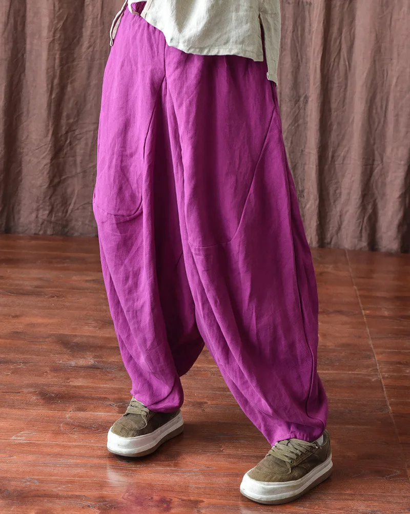 

Cargo Solid Pants Women Kaftans for Women Wide Leg Trousers Ramie Linen Pantalon Palazzo Female Elastic Waist Drop Crotch Pants