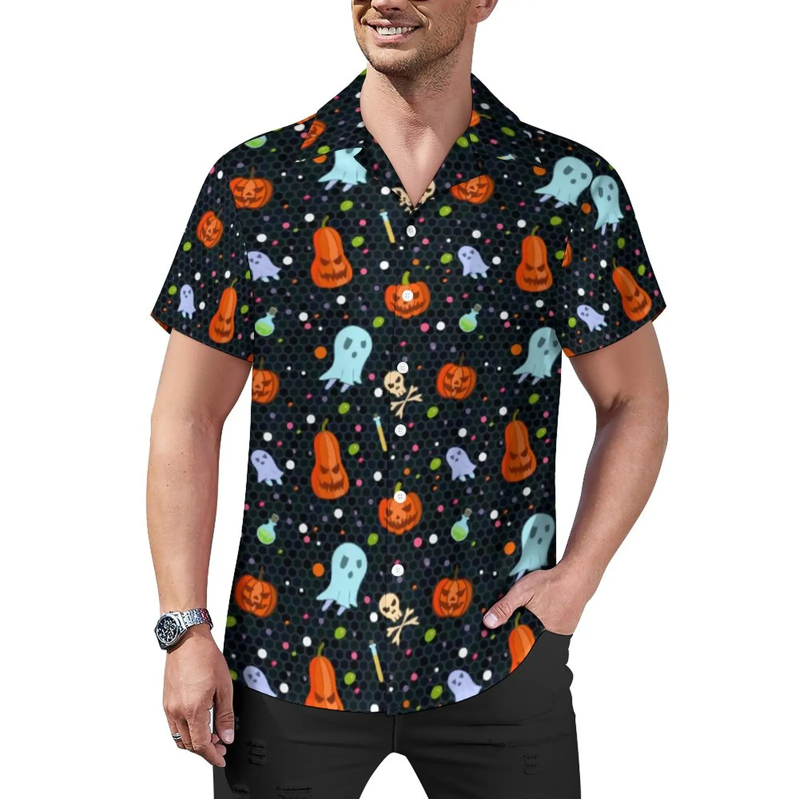 

Пляжная рубашка с принтом на Хэллоуин Гавайские повседневные рубашки с призраками и тыквами мужские уличные блузки дизайнерские топы с кор...