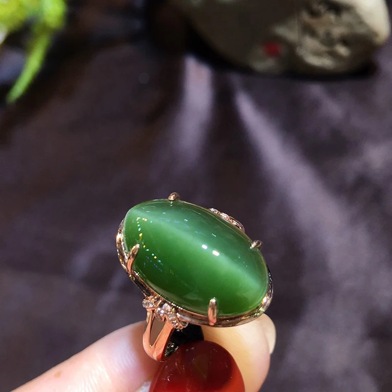 

Unique craft design silver inlaid Marquise shape green chalcedony ladies ring open bow Chinese style fresh jewelry