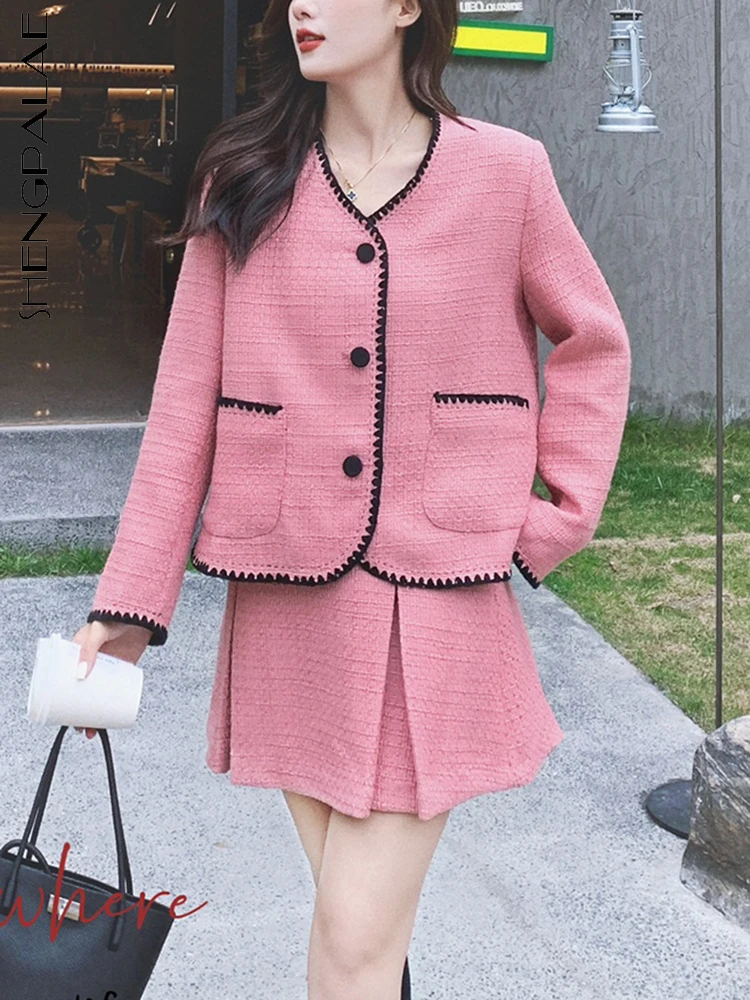 

SHENGPALAE 2 Piece Set Pink Korean Fashion Long Sleece Tweed Coat And Mini Skirt Women's Suit 2023 Spring New Y2k Clothes 5R1463