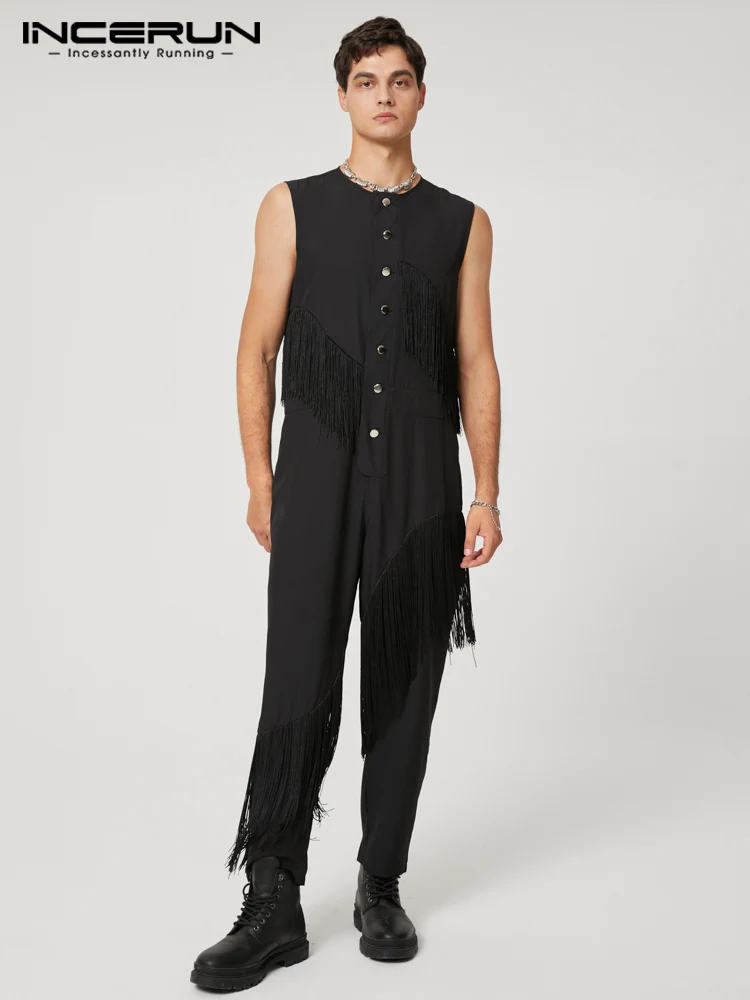 

INCERUN Men Jumpsuits O-neck Tassel Patchwork Sleeveless Button Casual Rompers 2022 Streetwear Personality Fashion Men Overalls