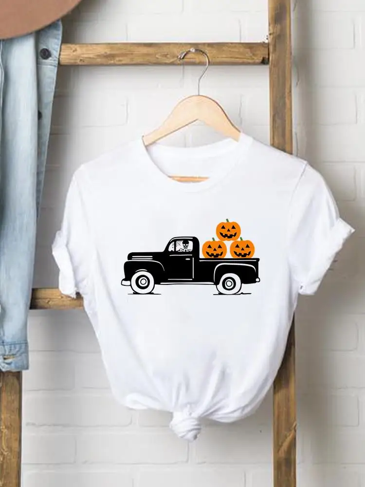 

Стильная Милая футболка с изображением тыквы и грузовика, женская одежда на Хэллоуин, День благодарения, осень, осень, женская одежда, женские футболки с графическим принтом