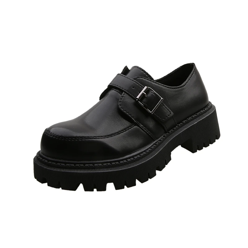 

Женские туфли на толстой подошве, черные маленькие кожаные туфли в британском стиле с пряжкой, лоферы с круглым носком для весны и осени, 2023