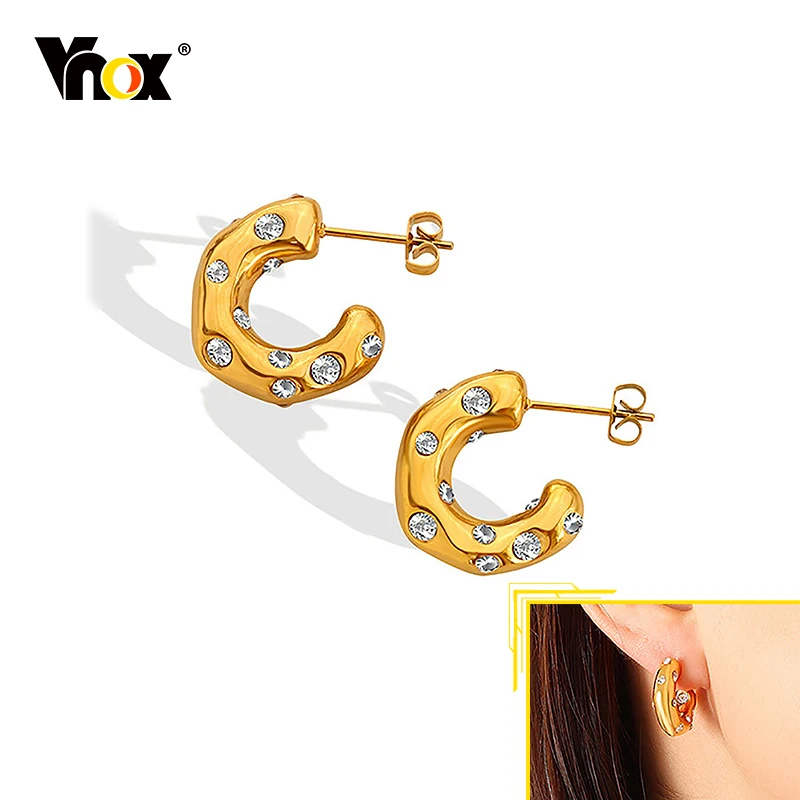

Vnox Sparkling AAA Cubic Zirconia Hoop Earrings for Women, Gold Color Stainless Steel Half Round Ear Clips Jewelry