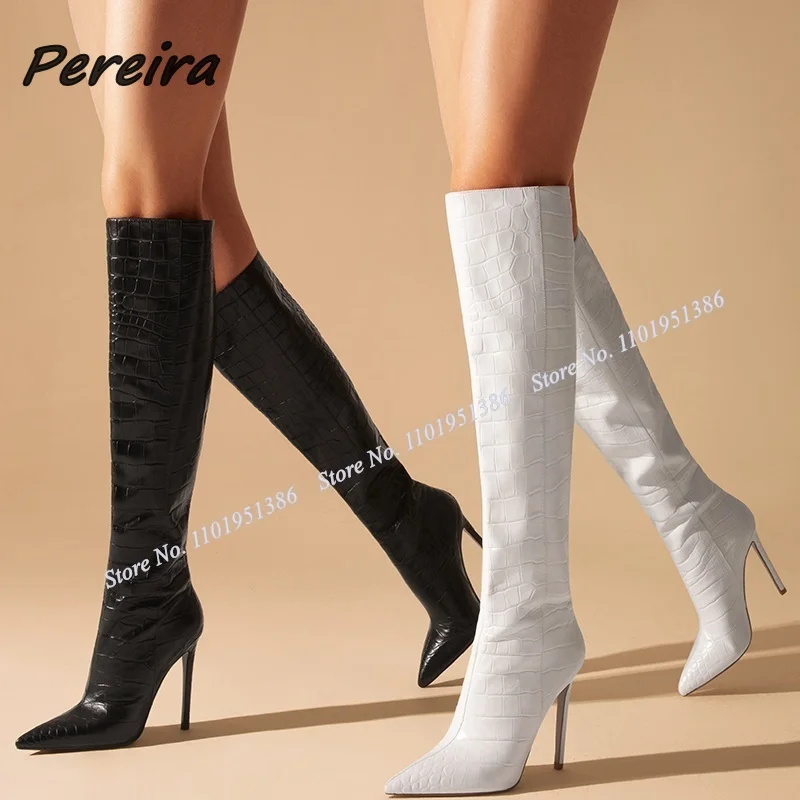 Pereira Black White Slip on Stone Print Boots Knee High Pointed Toe Stiletto Shoes for Women High Heels Winter Zapatillas Mujer