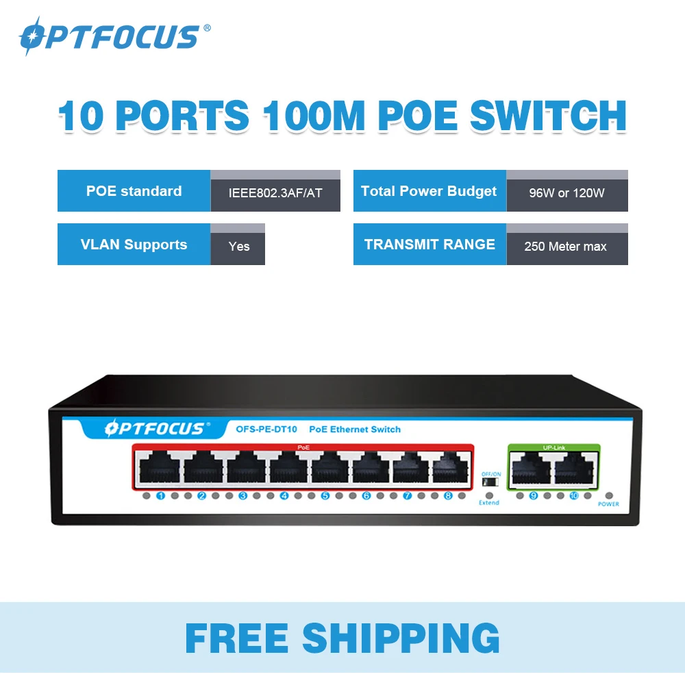 SWITCH POE 100M 8+2 Uplink Ethernet switch High Quality 802.3at/af for cameras CCTV Switch rj45