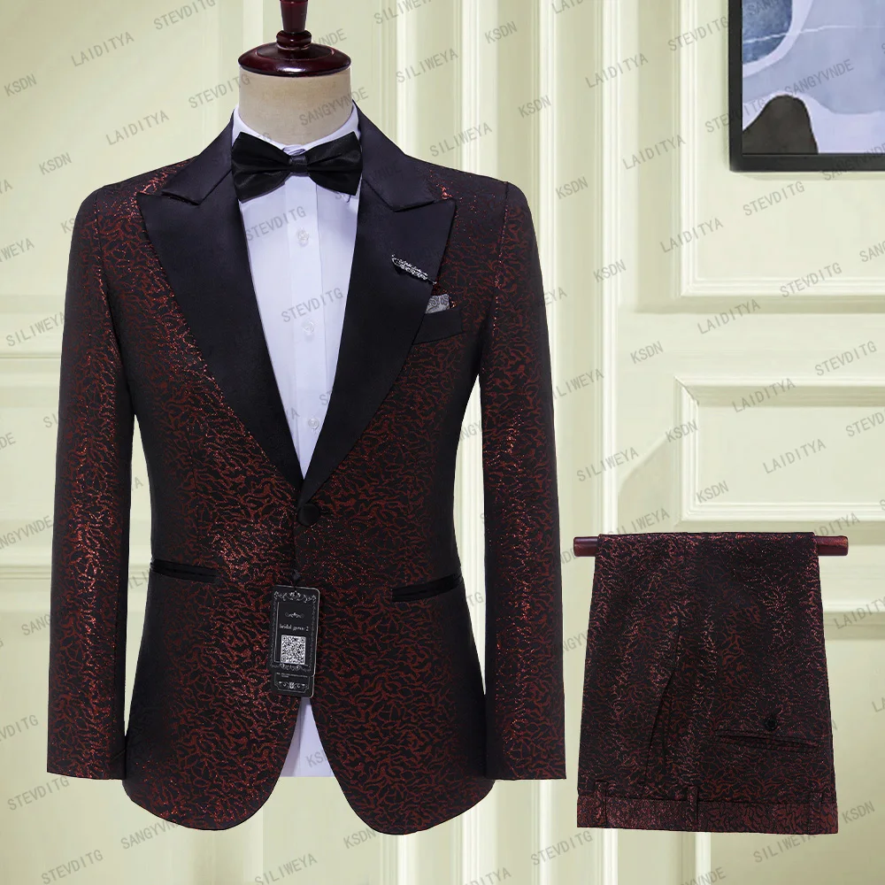 

2023 Classic Formal Business Party Men Suits 2 Pieces Burgundy Jacquard Pattern Groom Tuxedos For Wedding Costume Blazer Pant