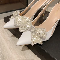 female sandal low heeled shoes with strap large size 2022 womens shallow mouth girls low heeled big rhinestone pearl stiletto