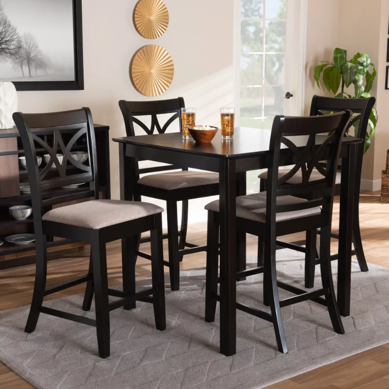 

Chandler Modern and Contemporary Sand Fabric Upholstered and Espresso Brown Finished Wood 5-Piece Counter Height Pub Dining Set