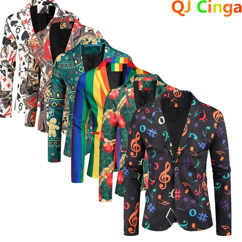 

2023 Fashion Print Suit Jacket Men's Christmas Coat Red Green Black Costume Homme Suitable for All Seasons Men Blazer Masculino