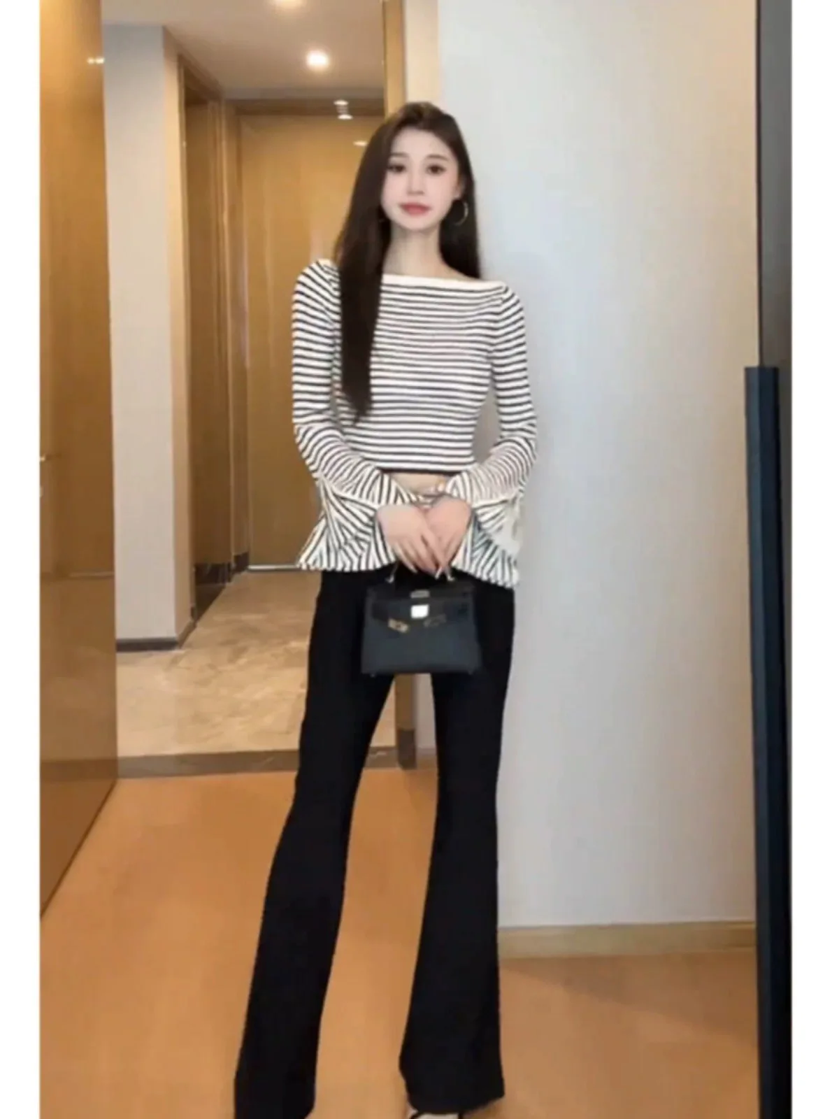 Женская вязаная осенняя блузка топы с разрезом на шее полосатые рубашки