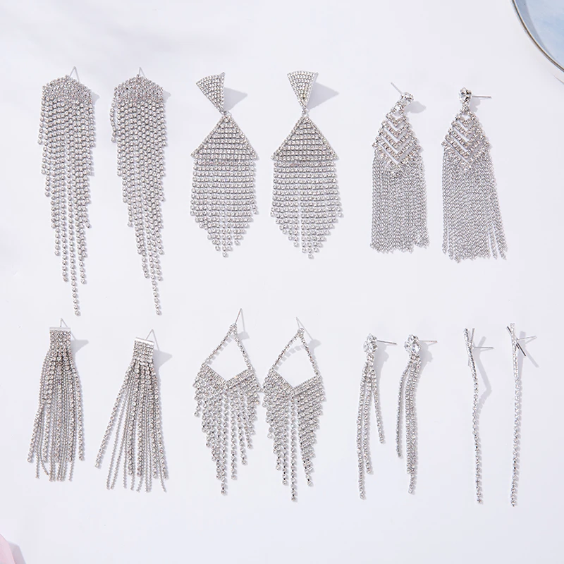 

New Classic Shiny Crystal Earrings for Women's Exaggerated Long Earrings Tassel Rhinestone Earrings Fashion Earrings Jewelry