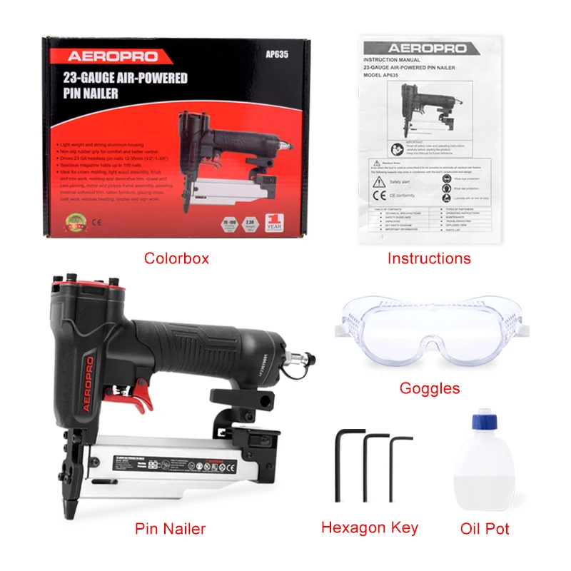 

AEROPRO AP635 Штифтовый гвоздезабивной гвоздезабиватель с максимальной мощностью 23 калибра, 1/2 дюйма-1-3/8 дюйма, идеально подходит для панели шкафов, рукоделия, сборки фоторамки