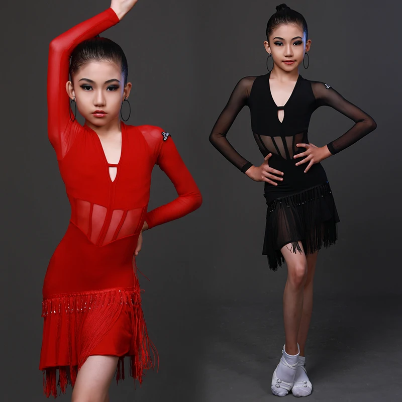 

Kids Latin Dance Dress Girls Competition Clothing Long Sleeves Fringe Dress Black Red Practice Clothes Cha Cha Dancewear BL9824