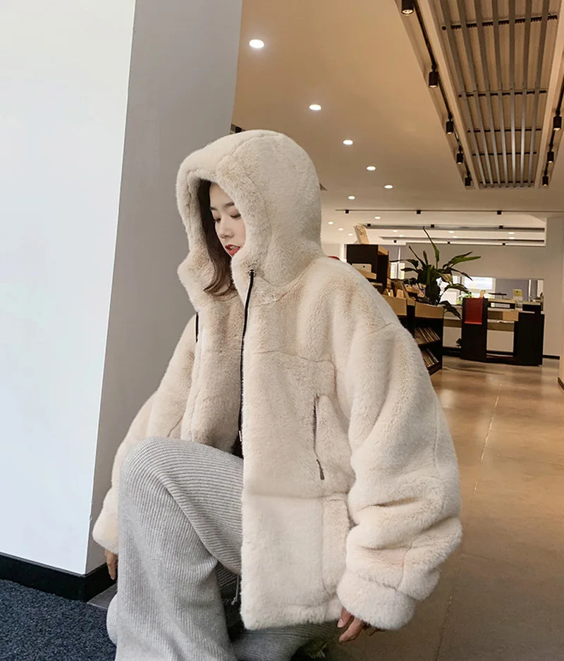 Faux Fur Coats Women Clothing Thick Winter Plus Size Loose Warm Outwear Imitation Mink Fleece Casual Leopard Hooded Jacket Parka