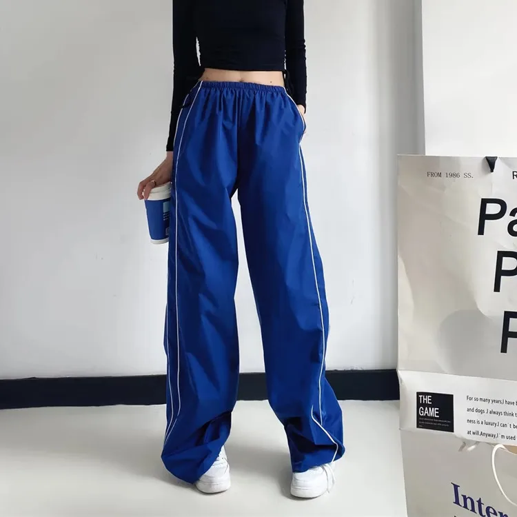 

Quick Drying Straight Pants Women's Elastic Waist Sweatpants Side Stripe High Waist Wide Leg Pants Woman Baggy Sports Pants