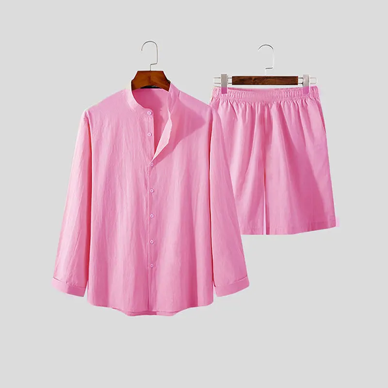 Mens Tops Solid Color 2023 Cross Border Spring New Loose Hawaiian Long Sleeve Shirt Shorts Two Piece Set for Men