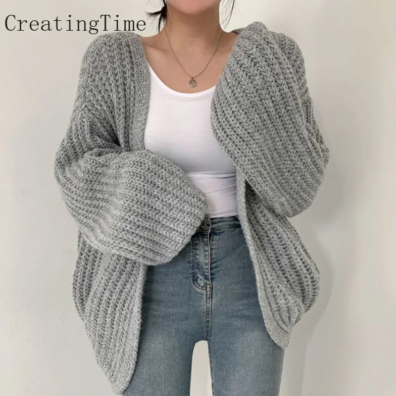 

Вязаный кардиган в стиле Харадзюку, свитер, корейский однотонный Повседневный свободный жакет с V-образным вырезом и рукавами-фонариками, м...