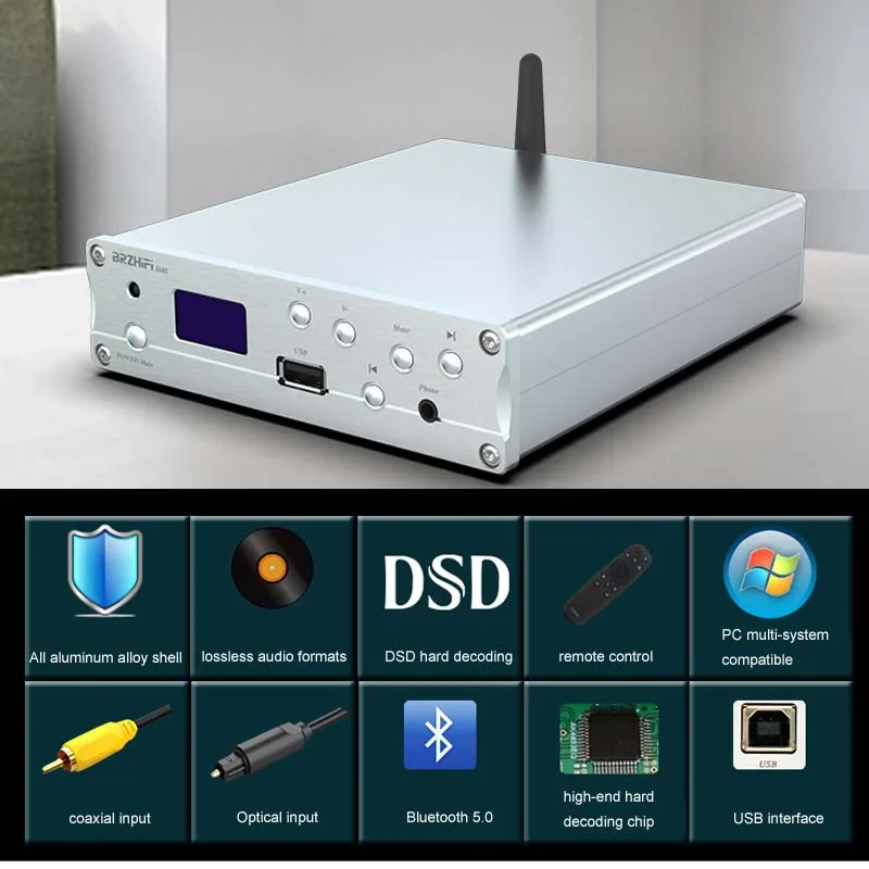 DLHiFi AK4493 Bluetooth 5.0 Decoder U disk USB Amanero Coaxial Fiber DSD HiFi Headphone Amplifier APP Selection DAC Machine |