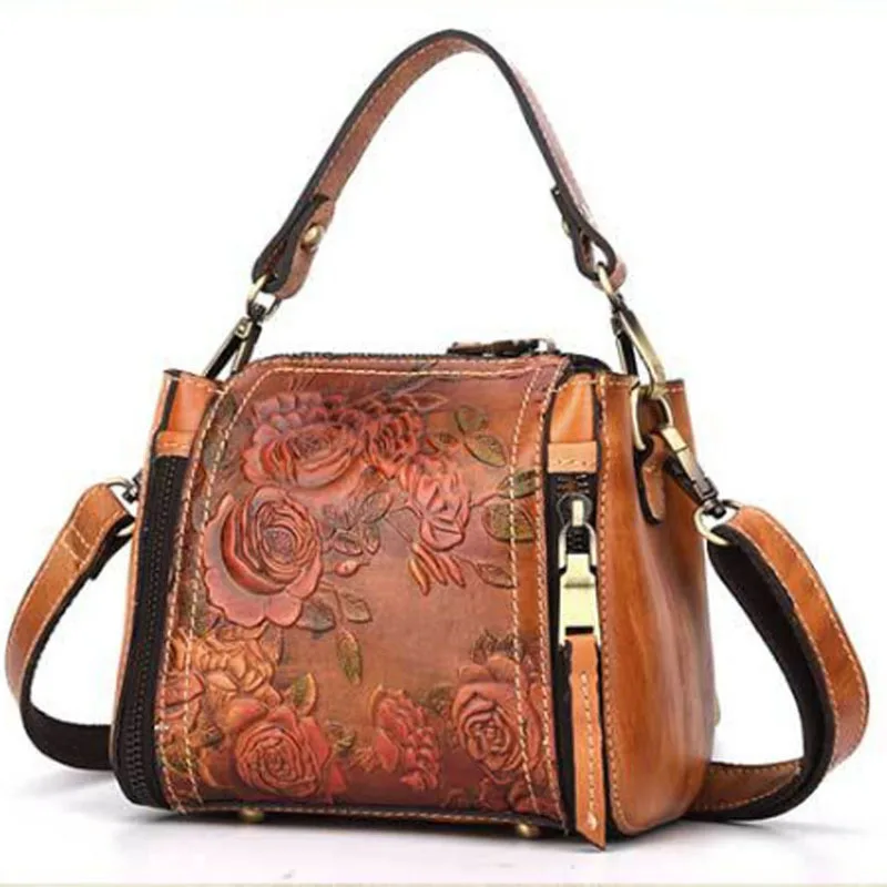 

New Vintage Trend Women Genuine Leather Tote Bag Casual Crossbody Messenger Shoulder Bags Famous Brand Embossed Floral Handbag