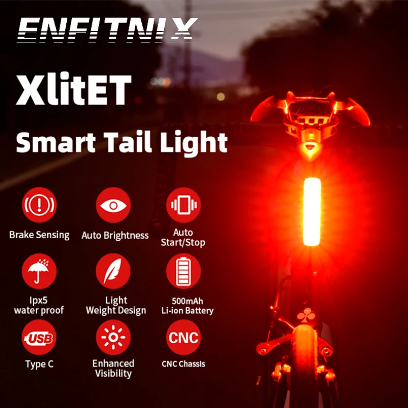 

Enfitnix XlitET Smart Bike Brake Sensing TailLight Mountain ROAD Bicycle Night Riding Light LED Rear Alert Long Strip Light USB