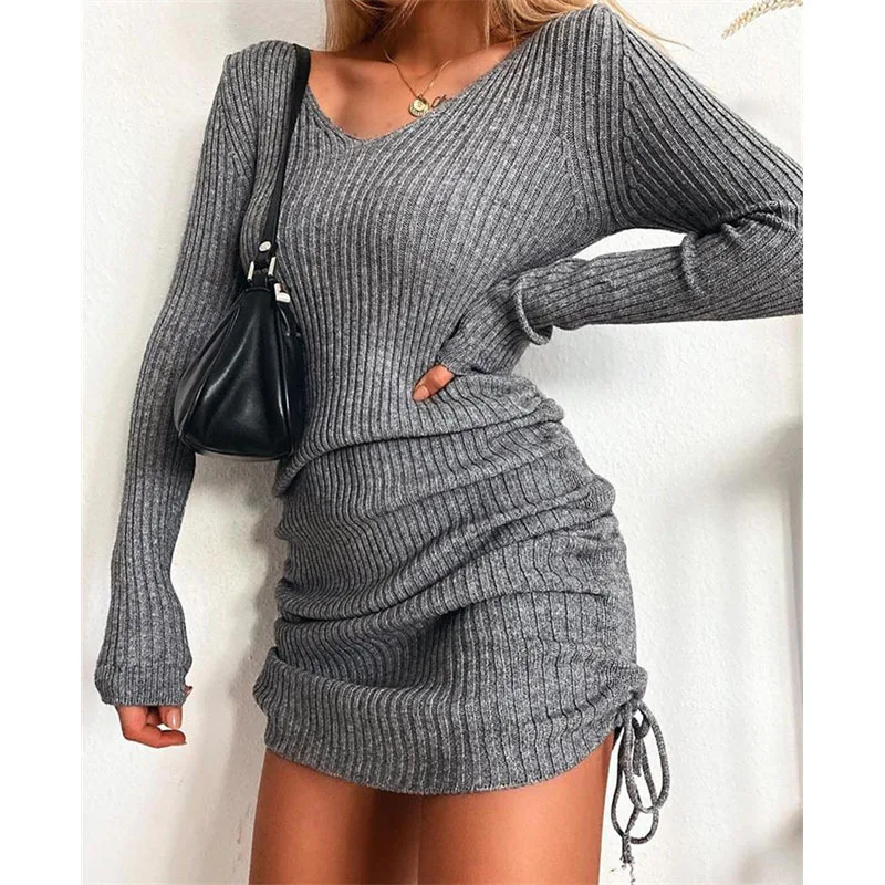 

Women Dress Autumn New Long Sleeve Knitted Solid Color V-neck Sexy Vestidos Fashion Bag Hip Slim Elegant Ladies Dresses MsChuh