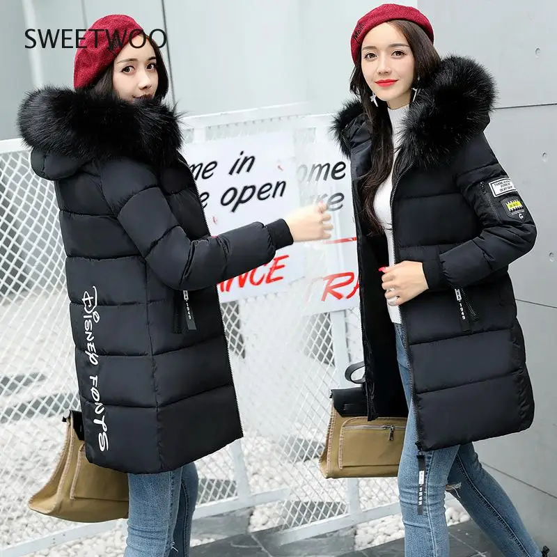2022 New Korean Style Big Faux Fur Collar Down Jacket Coat Parkas Lolita Slim Winter Mid-Length Fashionable Cotton Women Zipper