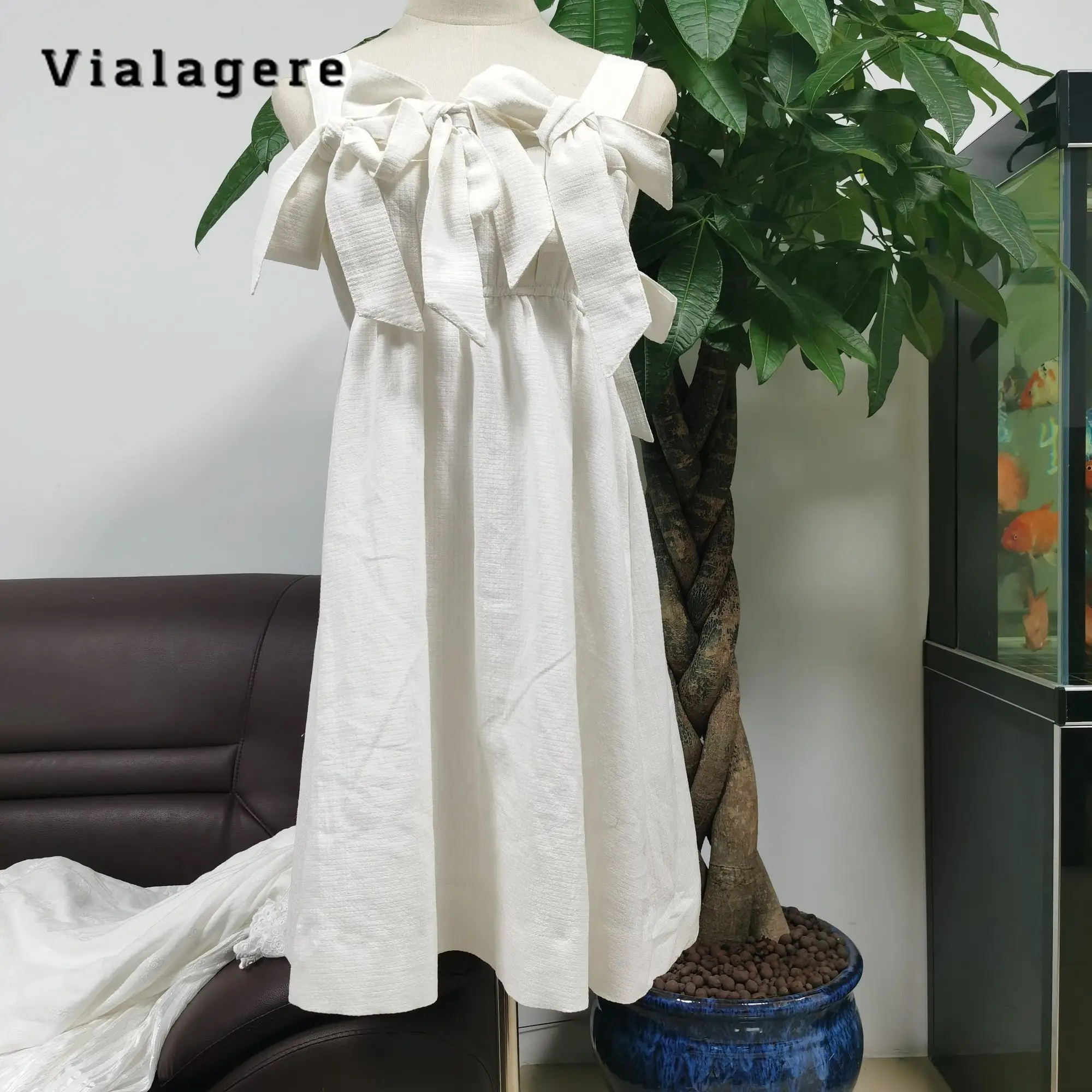 

Slash Women Neck Sexy Loose Fit Solid Color Suspender Dresses 2023 Summer Elegant High Waist Bow Decoration White Casual Dress