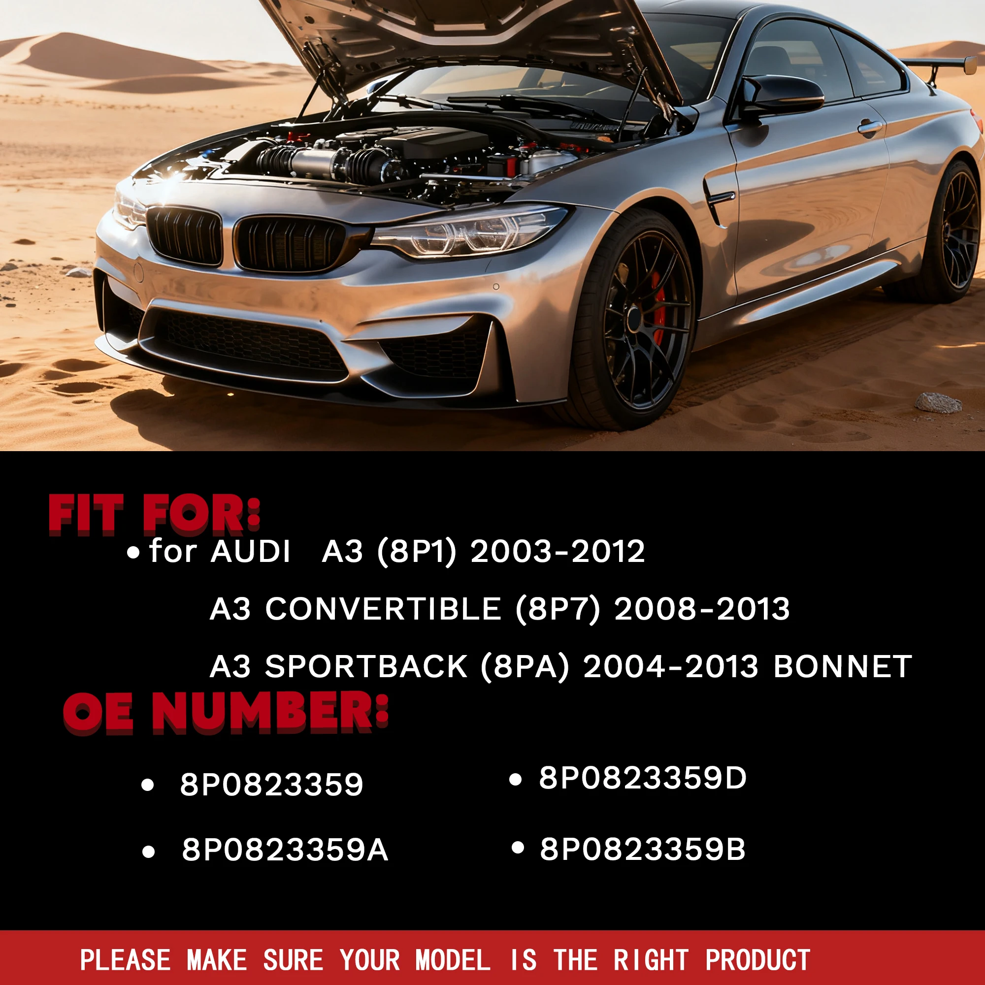 Фото Газовая пружина-амортизатор для капота Audi A3 8P1 8P7 8PA 2003-2013, 310Н №3