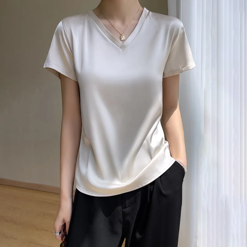 

Summer Women's Blouses Korean Fashion Satin V-neck Tees Short-sleeved Casual Loose Solid Champagne White Silk Camisetas Women