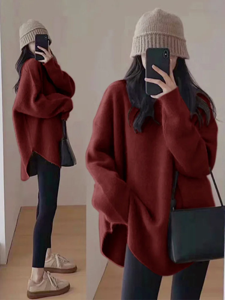 Sheep Fleece Hot Sale O-neck Sweater Women Autumn Winter Wear Medium Long Languid Retro Split Knitwear Thickened Sweater