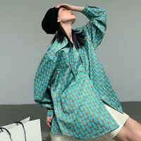 vintage lapel loose korean fashion printed top womens long sleeve green spring and autumn casual tee shirts french style tops