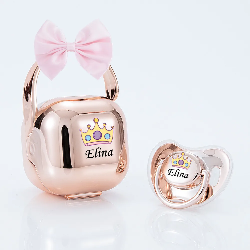 

MIYOCAR personalized bow Metallic rose gold bling pacifier and pacifier box set BPA free dummy Luxury baby shower gift