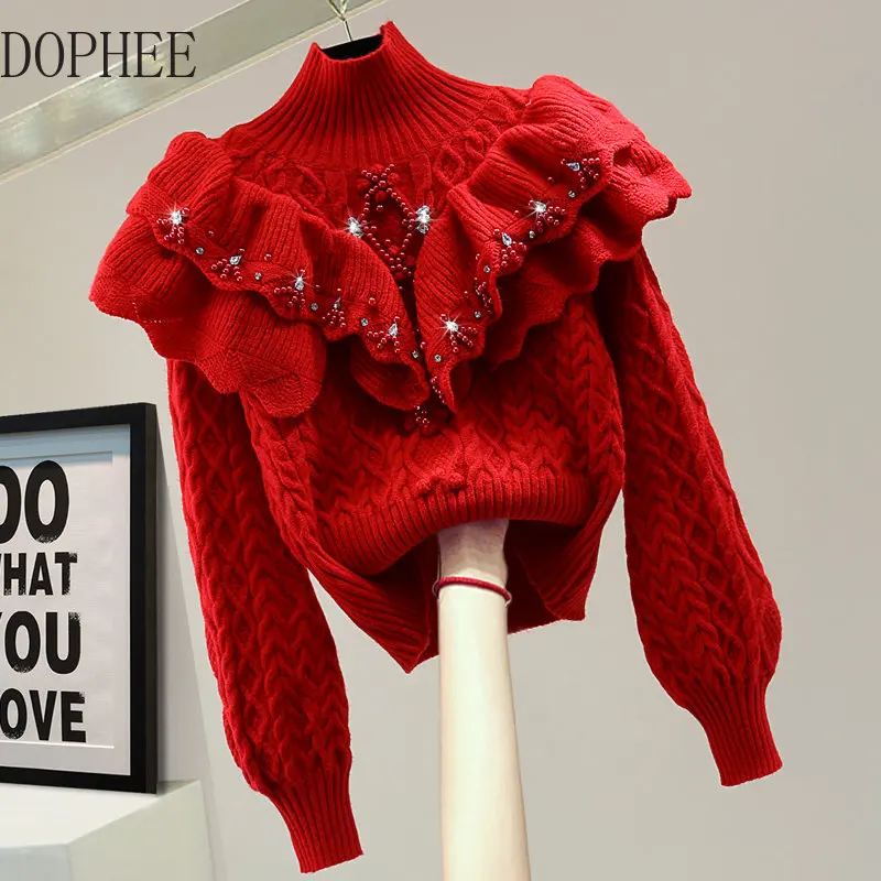 

Ruffles Beaded Diamond Female Sweater New Autumn Winter Pullovers Jumpers Solid Color High Collar Lantern Sleeve Twist Knit Top