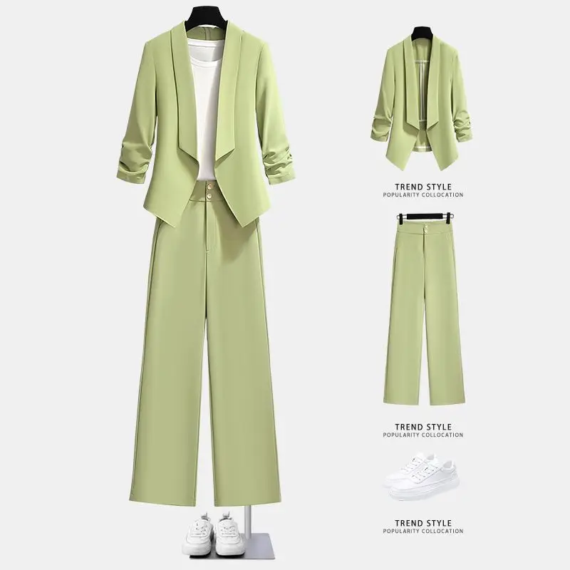 Korean Style Slim Fitting Thin Jacket Blazer Casual Wide Leg Pants Two-piece Elegant Women's Pants Set Summer Office Outfits