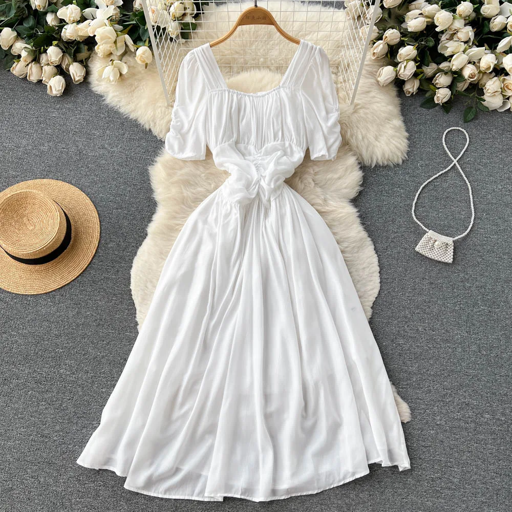 

Solid Dress Print Chiffon Women Summer 2022 Square Collar French Style Slim Waist Fashion Ladies A Line Long Dresses