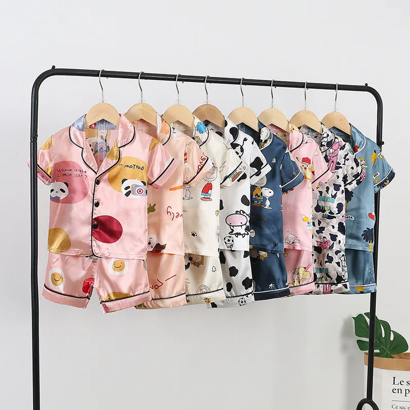 Cartoon Short Sleeve+Shorts 2pc Summer Children Satin Silk Pajamas Sets Girls Sleepwear Boy Loungewear Leisure Wear Home Clothes