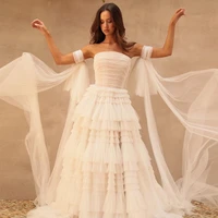 sevintage elegant boho ruffled tulle wedding dresses tiered pleat a line strapless bohemiam bridal gowns beach wedding gown