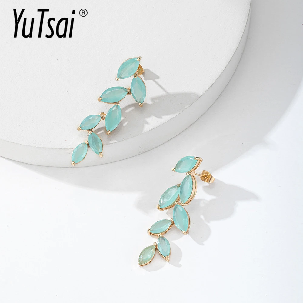 

YUTSAI Light Green Leaf Copper Drop Earrings Romantic Rhinestone Plant Office Party Dangle Earring for Women Gifts YT1100