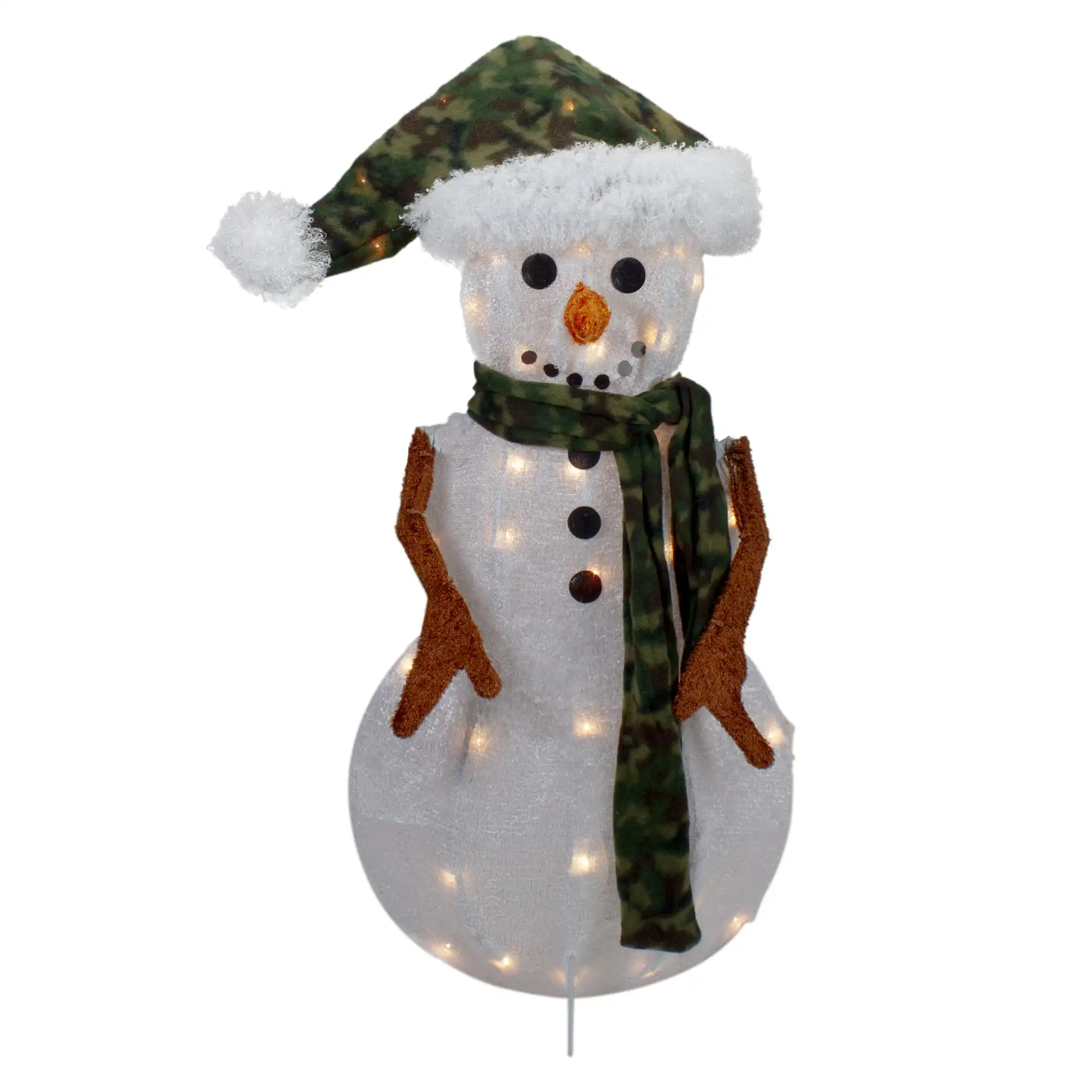 

24" Lighted White and Green Chenille Snowman Outdoor Christmas Decoration