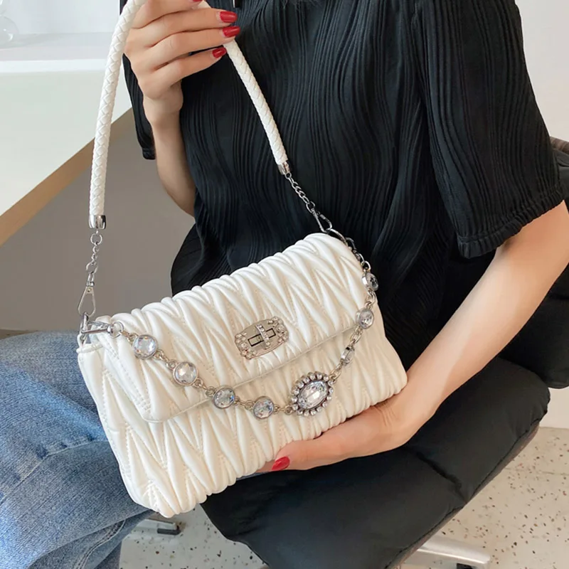 

Trend Geplooide Crossbody Bag Vrouwelijke Premium Textuur Rhinestone Hand Schoudertassen Eenvoudige Veelzijdige Portemonnee Mode