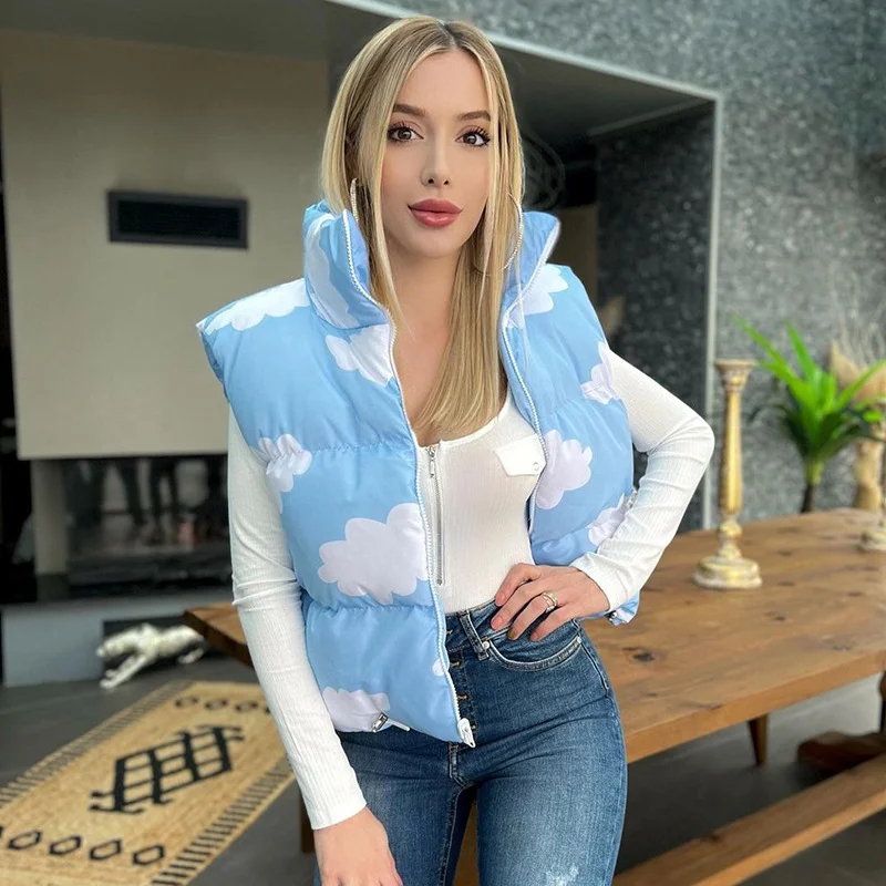 2022 Autumn Winter Women Loose Vest Stand Collar Cloud Print Sweet Vest Jacket Padded Coat Sleeveless Warm Waistcoat Vests