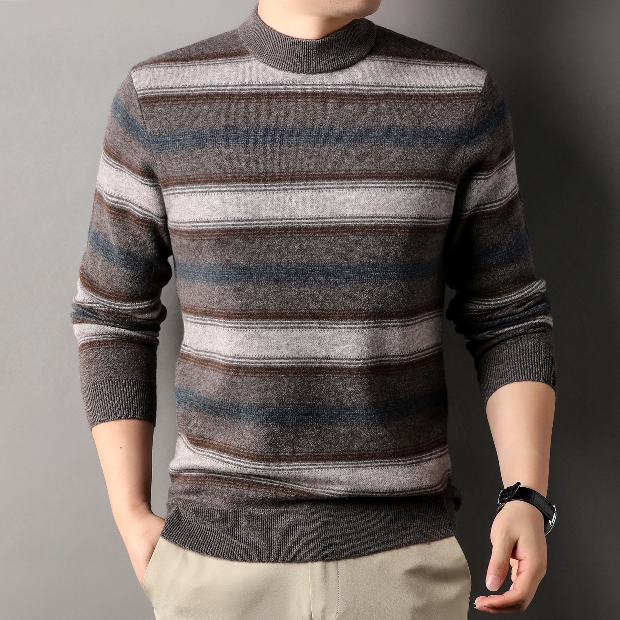 Теплая одежда из 100% овечьей шерсти мужской толстый свитер в широкую полоску