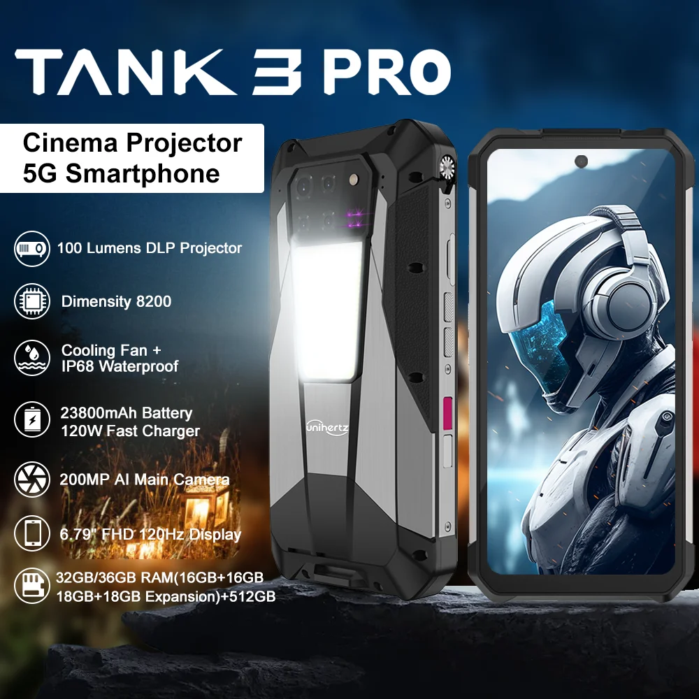 Фото Прочный телефон Unihertz Tank 3 Pro 8849 5G с проектором 100 люмен Android 14 32 ГБ 512 ГБ 23800 мАч Водонепроницаемый телефон WIFI 6 NFC №1