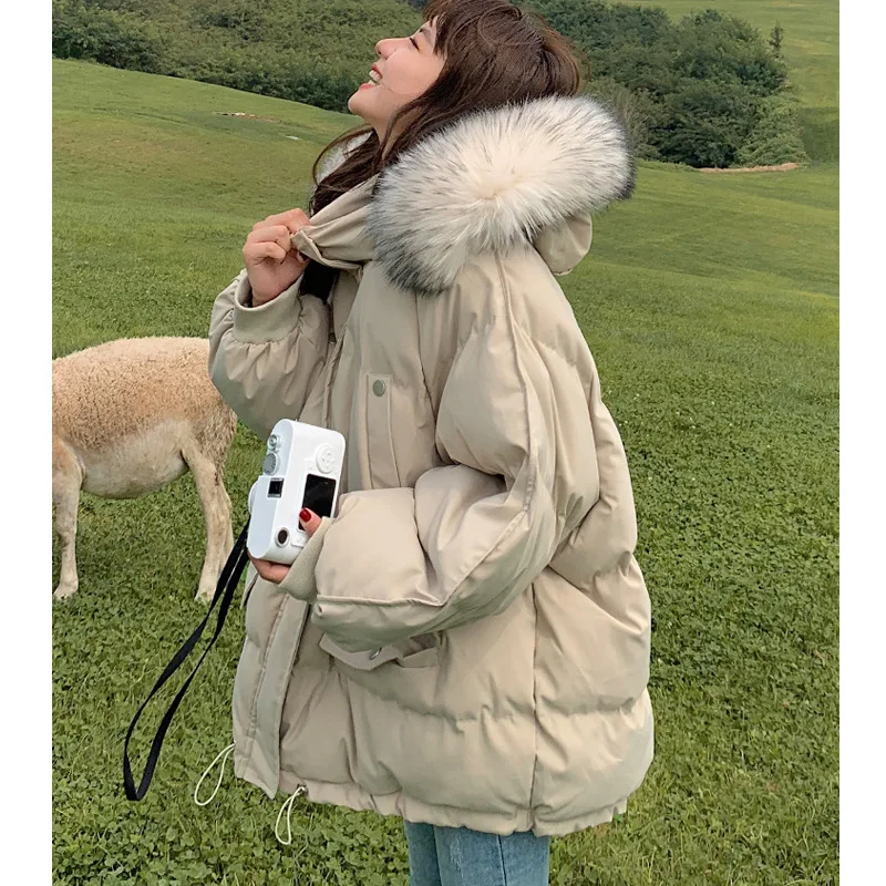 

Winter Down Cotton Jacket Women's Coat Loose Warm Thick Cotton Plush Hat Appear Thin Clothes Bayan Mont Modelleri 2022