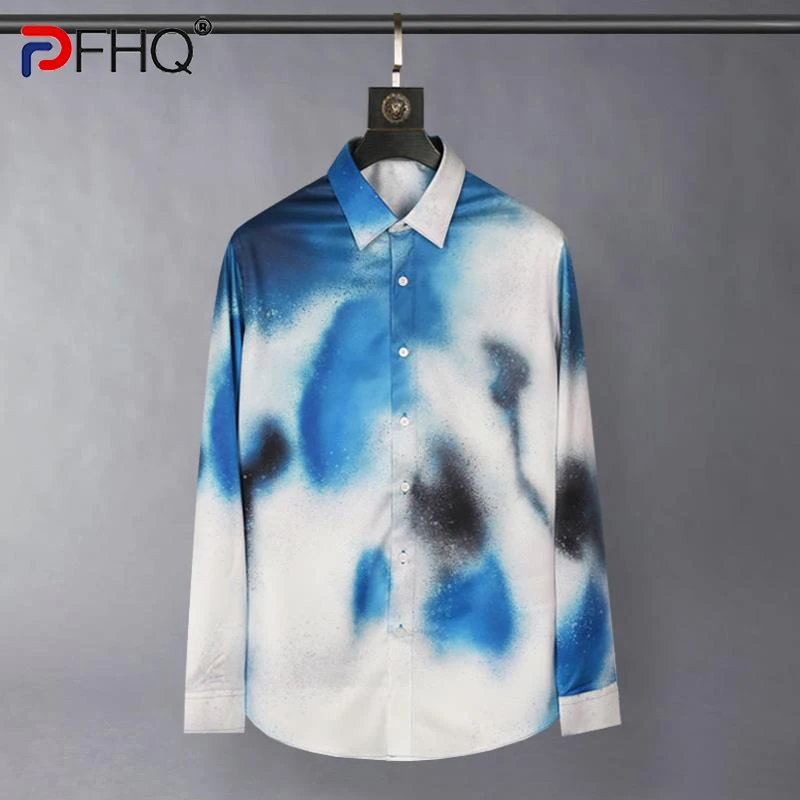 

PFHQ Autumn Men's Tide Contrast Color Comfortable Tops High Quality Light Luxury Abstract Gradient Landscape Chic Shirts 21Z1100