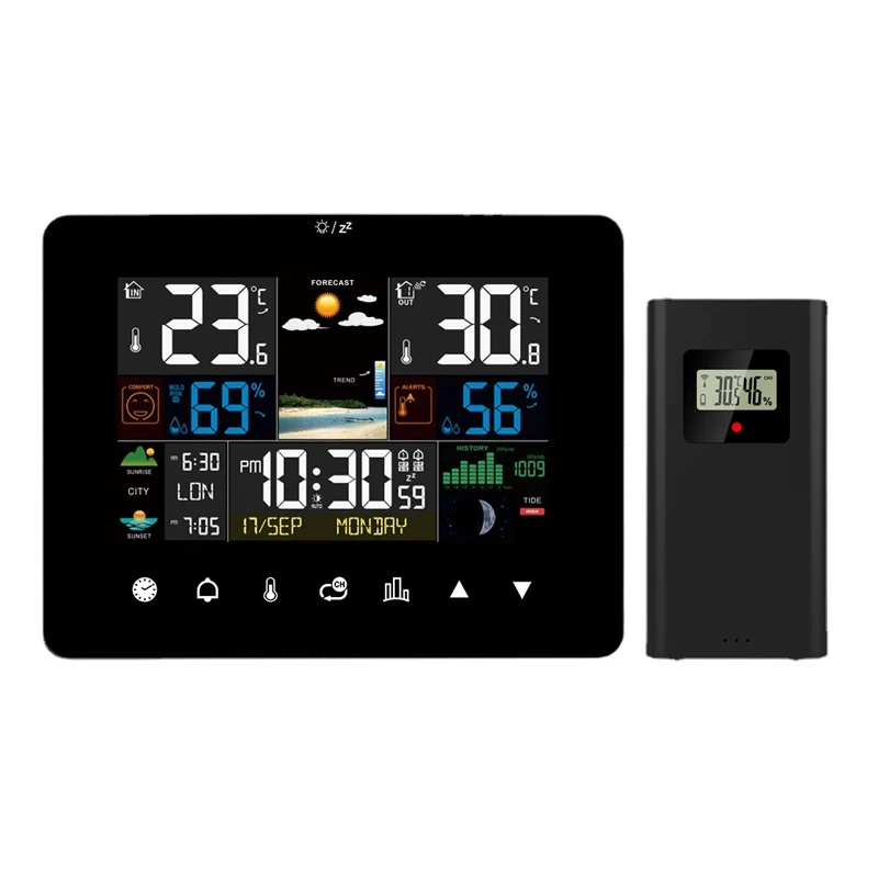 

Color Screen Touch Weather Clock Weather Station Alarm Clock Sunrise Sunset Thermometer Hygrometer with Wireless Outdoor Sensor
