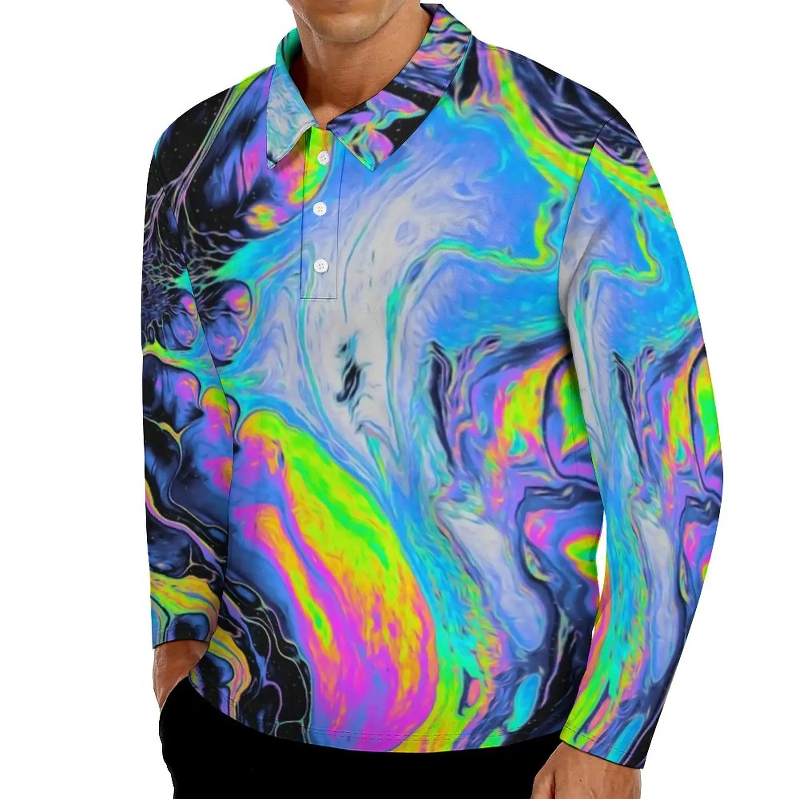 

Футболка-поло мужская с принтом в виде мрамора, с длинным рукавом