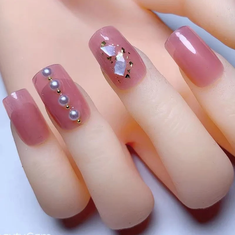 

24pcs False Nails Rhinestones Sweet Style Finished Fake Nail Glue Type Fashion Shell Ballerina Nails Pearl Inlaid Press On Nails