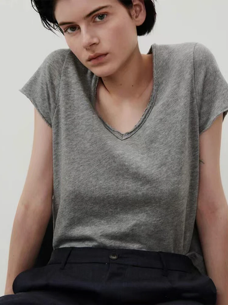 French Am VI Slub Cotton T-shirt Women's Short Sleeve Thin Loose Casual Small White V-neck Women Top T